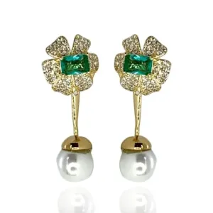 BRINCO EAR JACKET LAÇO CRAVEJADO E PÉROLA