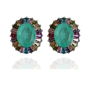 BRINCO OVAL COM BAGUETES EM VOLTA DA PEDRA