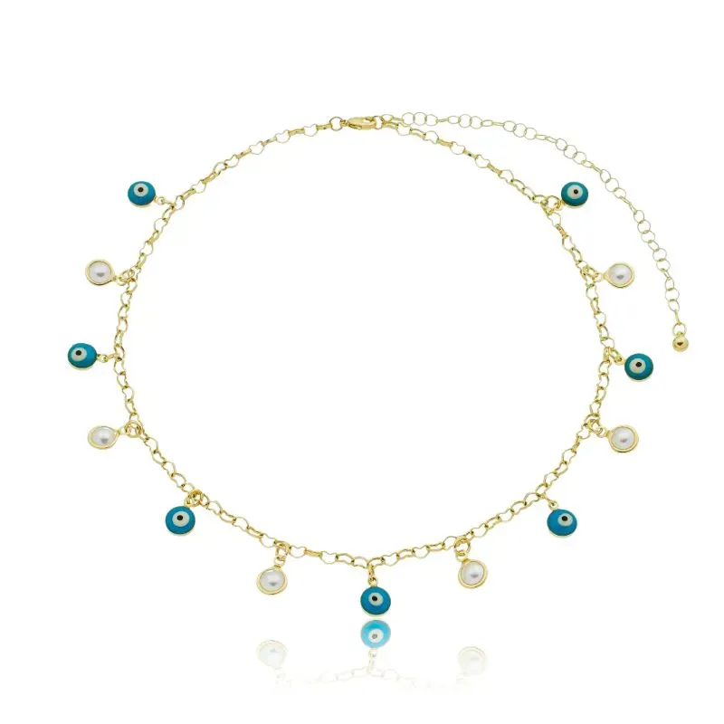CHOKER OLHO GREGO E PÉROLAS NA CORRENTE CORAÇÃO