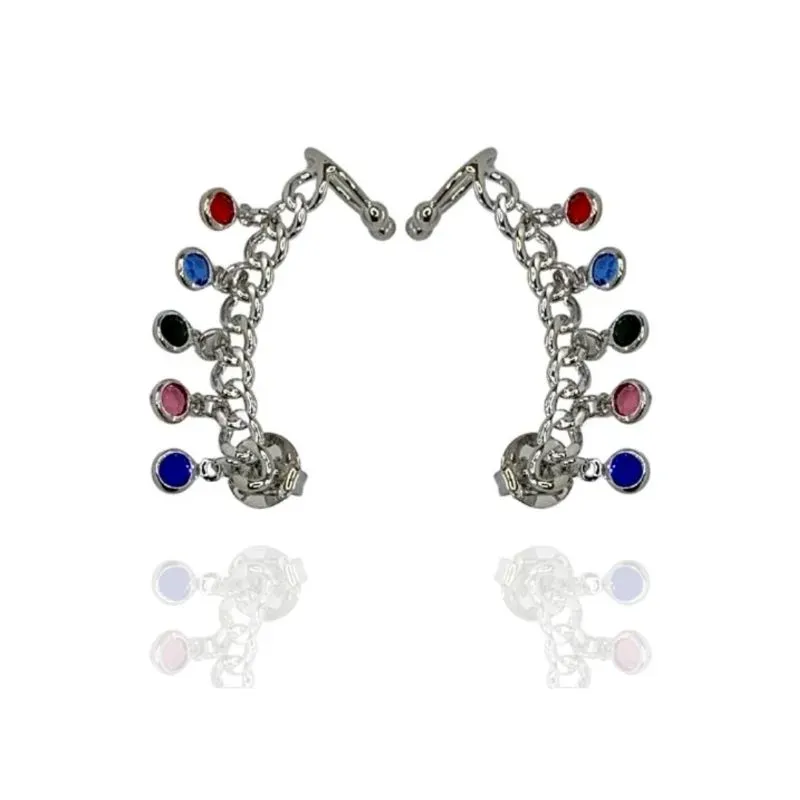 BRINCO EAR CUFF ELOS CORRENTE ZIRCÔNIAS COLORS PENDURADAS