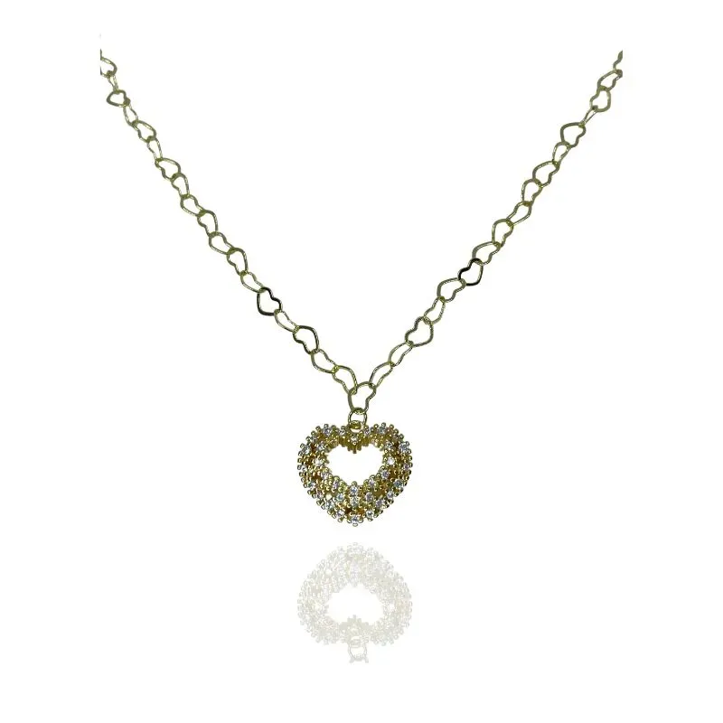 COLAR CORRENTE CORAÇÕES UNIDOS E PINGENTE CORAÇÃO VAZADO CRAVEJADO COLAR CORRENTE CORAÇÕES UNIDOS E PINGENTE CORAÇÃO VAZADO CRAVEJADO