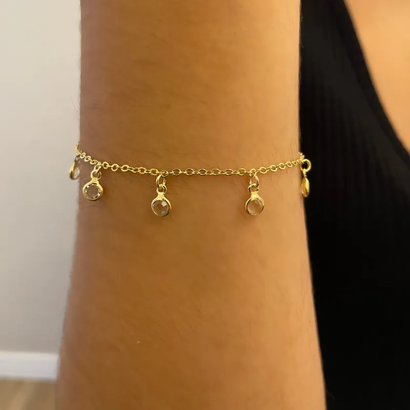 PULSEIRA CORRENTE ELOS FINOS COM ZIRCÔNIAS REDONDAS PENDURADAS
