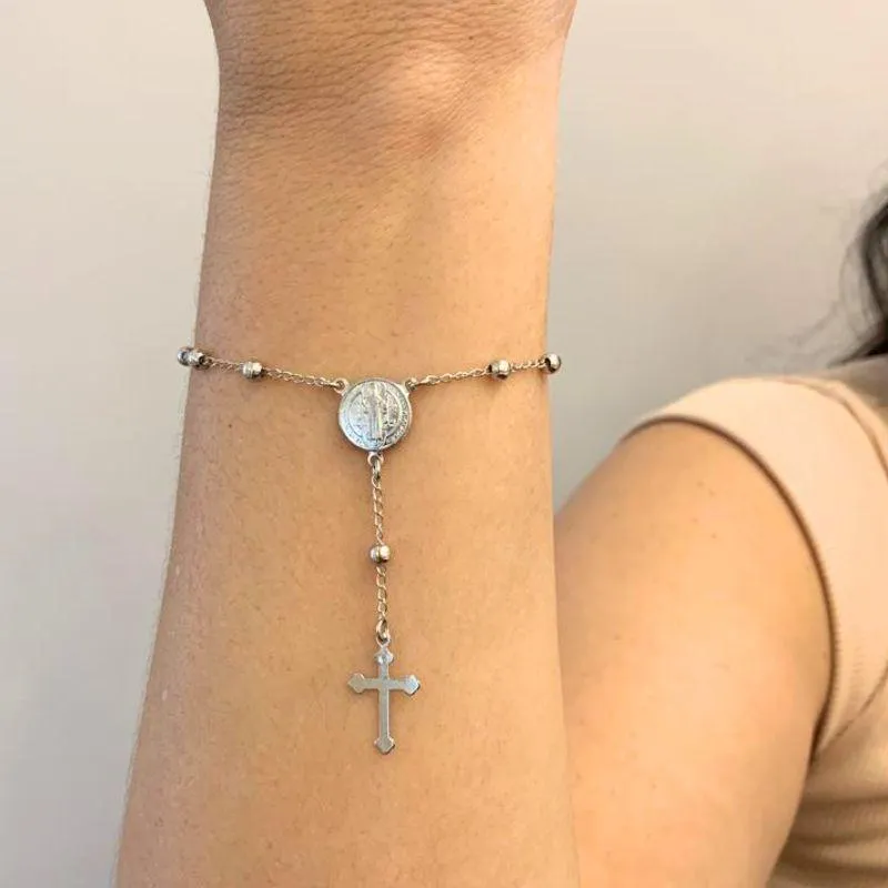 PULSEIRA TERÇO BOLINHA LISA E MEDALHA SÃO BENTO