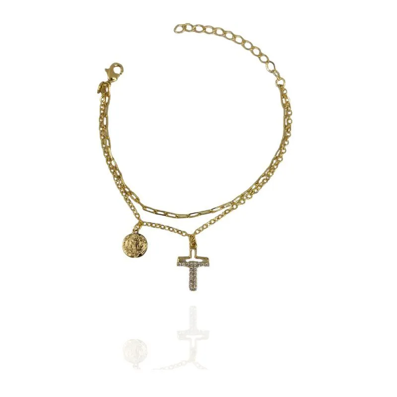 PULSEIRA DUPLA SÃO BENTO CRUZ CRAVEJADA