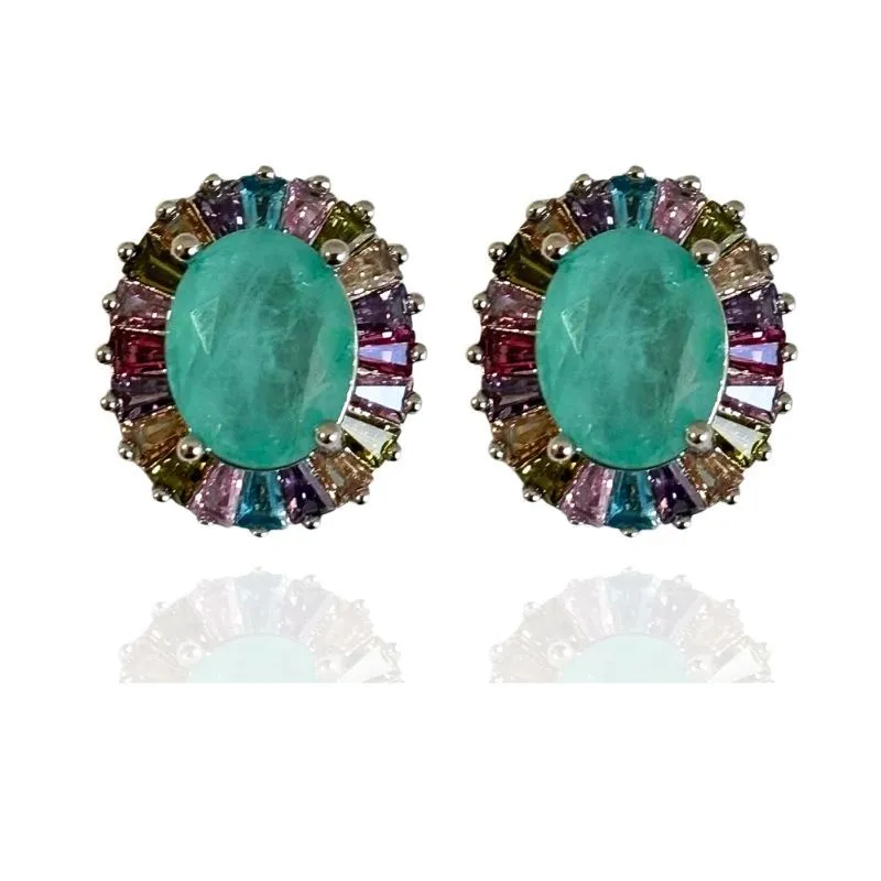 BRINCO OVAL COM BAGUETES EM VOLTA DA PEDRA