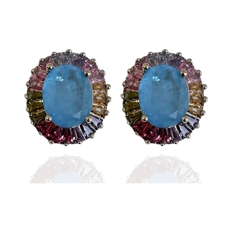 BRINCO OVAL COM BAGUETES EM VOLTA DA PEDRA